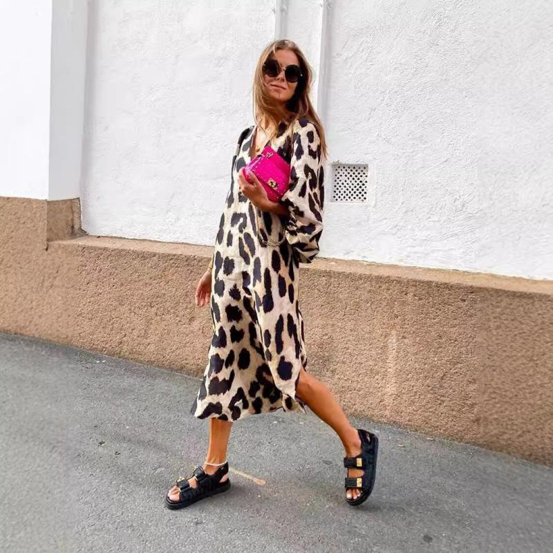 Tooxika Autumn New Fashion Leopard Print V-neck Loose Dress Long Sleeve Printed Long Dress