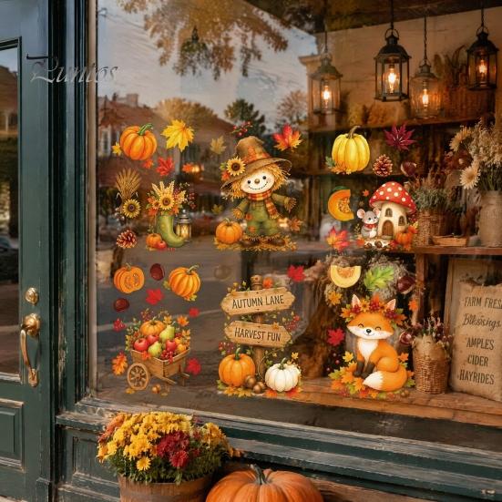Harvest Festival Window Decor 6 Sheets Autumn Stickers, Thanksgiving Cartoon Static Cling Decorations with Fall Art Pumpkins Maple Leaves Scarecrows