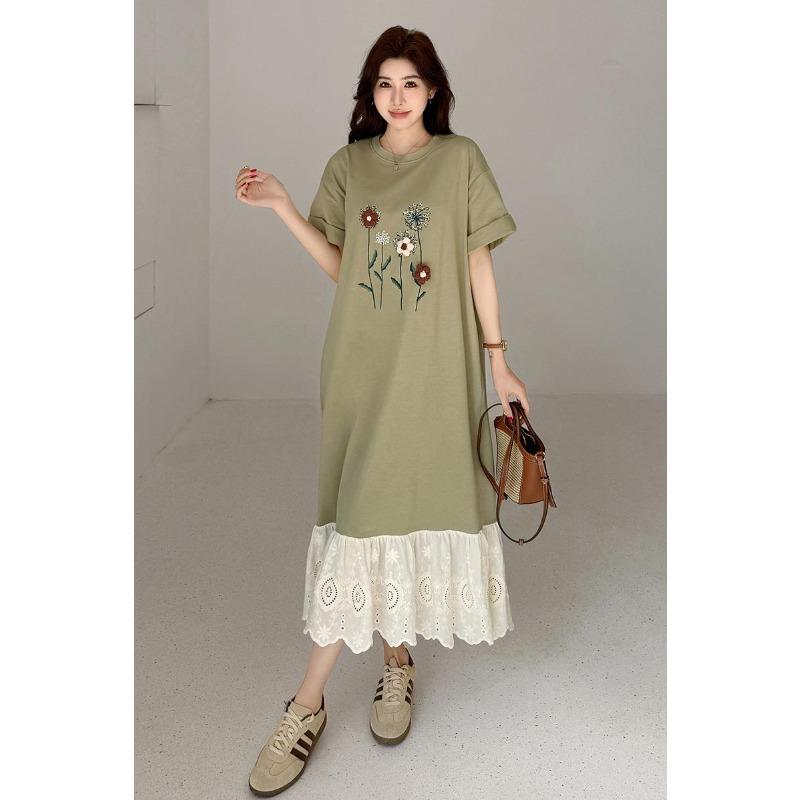 Dimanaf Women New Summer Plus Size Casual Floral Short Sleeve Dress Basic Loose Long Dress Maxi