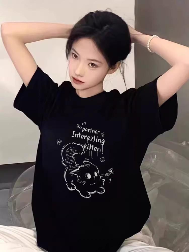 

Women s Cat Graphic Loose Fit T-Shirt - Pure Cotton, High Quality, Summer 2026 Collection Small чорний