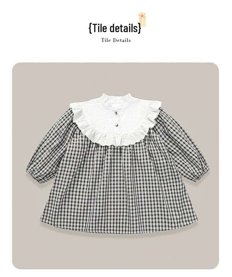 Spring Plaid Patchwork Dress with Sweet Lace Collar for Girls