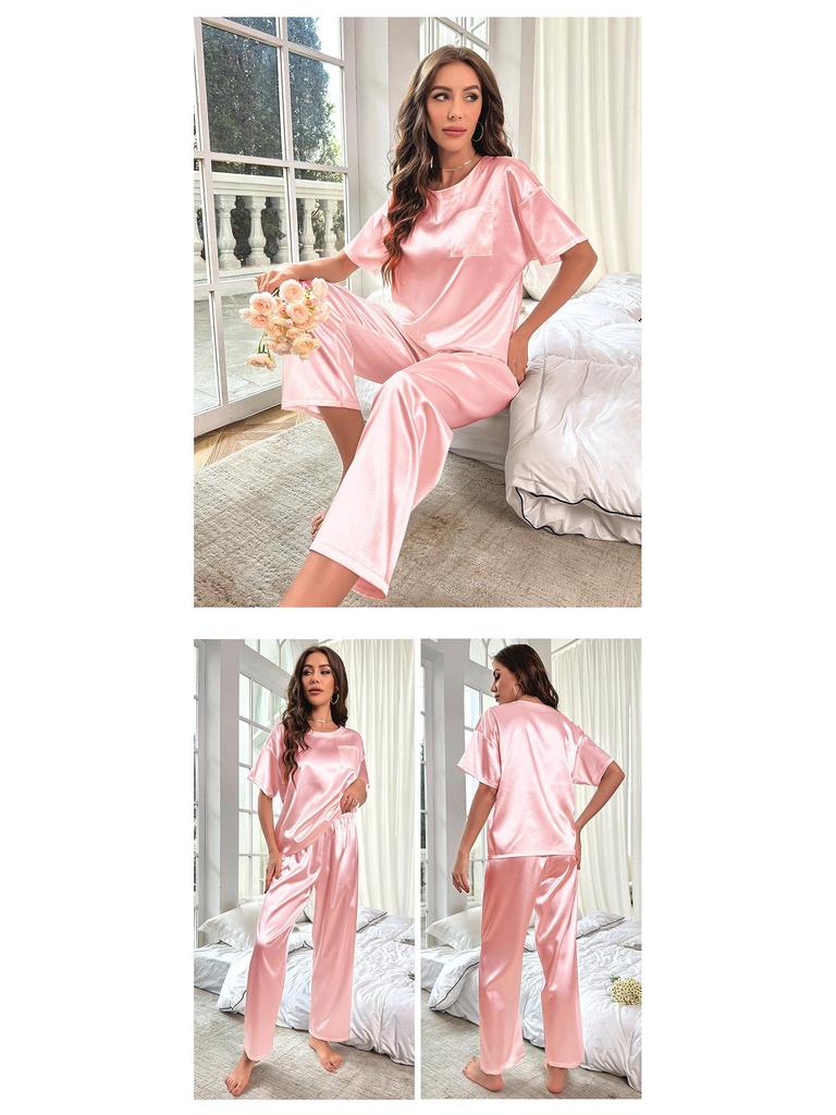 Yaoting Women's Summer Ice Silk Pajama Set - Short Sleeve Top & Long Pants, Loose Fit Casual Homewear 3147