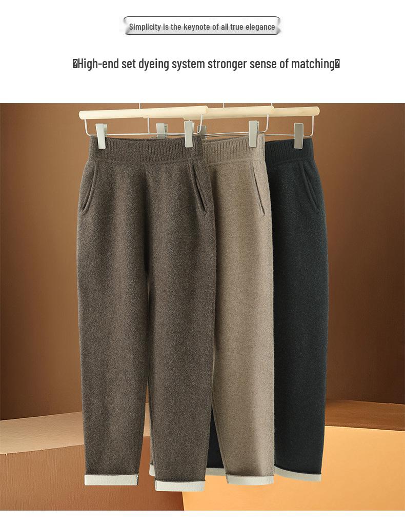 100% Wool High Waist Slimming Knit Pants: Fashionable Solid Color Elastic Skinny Pants for Women, Autumn Winter Collection