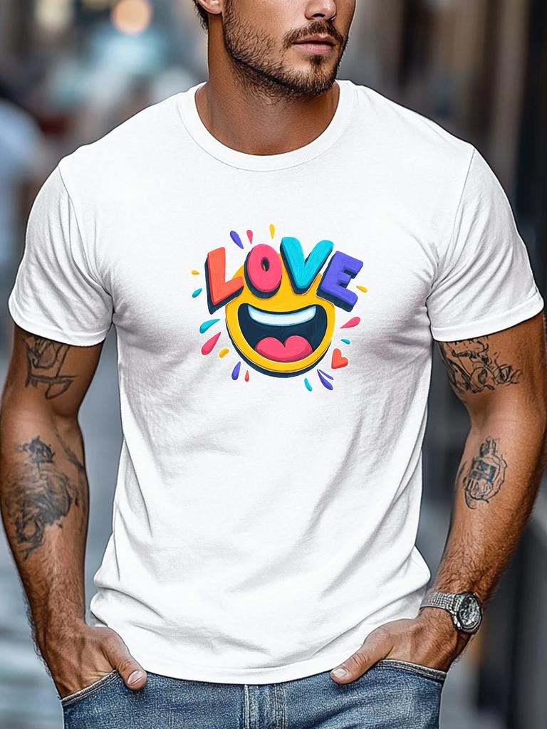 Mens Summer Love TShirt Love Emoji Colorful Print Short Sleeve Round Neck Breathable Oversized Sweet Daily Wear