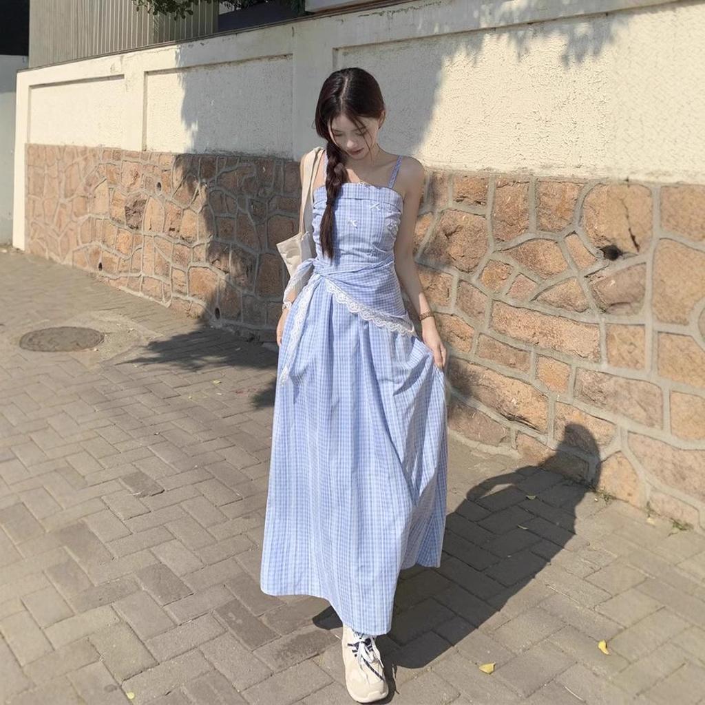 Damen Blau Kariert Ärmellos Spaghettiträger Maxi Kleid