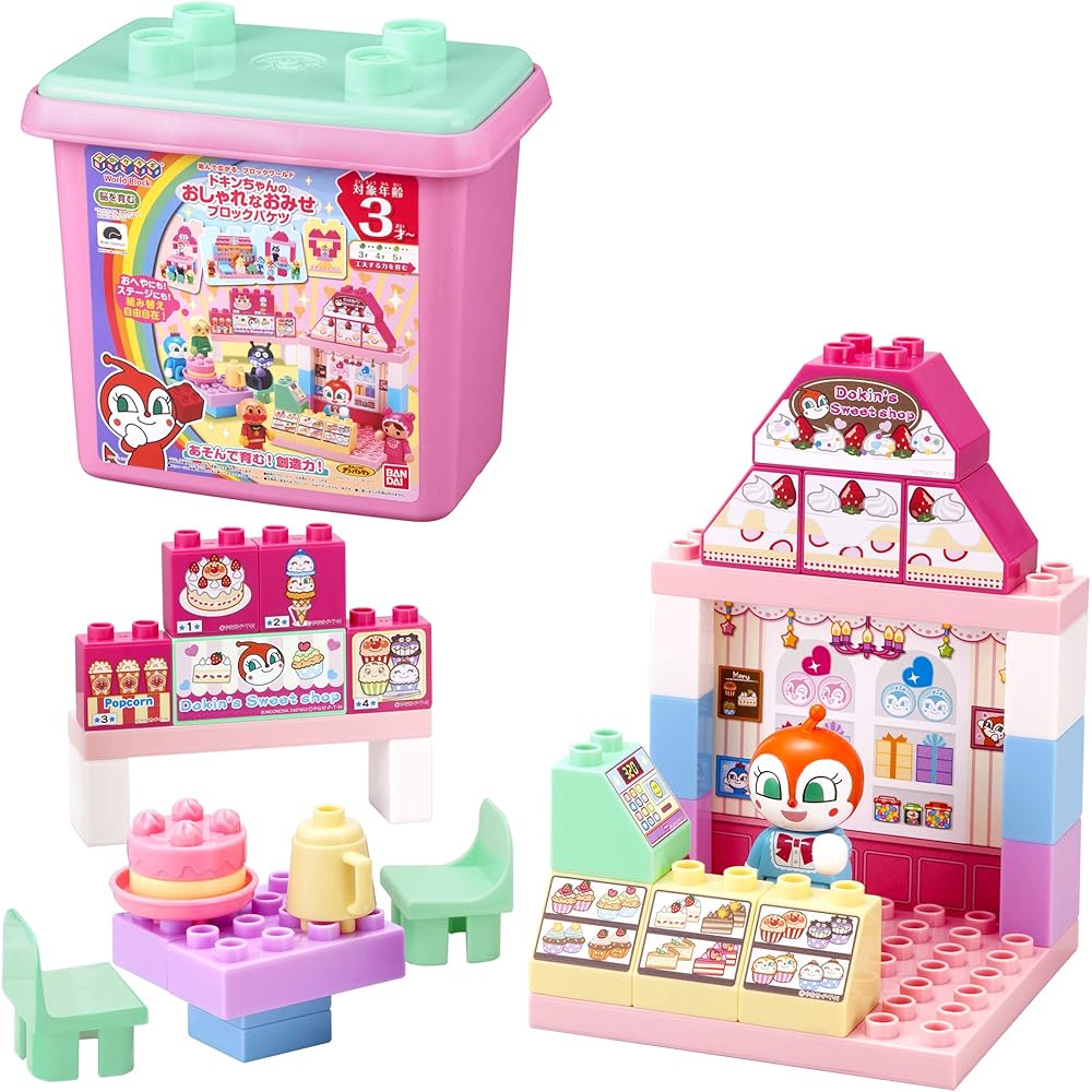Bandai BlockLabo Anpanman Dokin-chan Stylish Shop Building Block Bucket Age 3+ Educational Toy