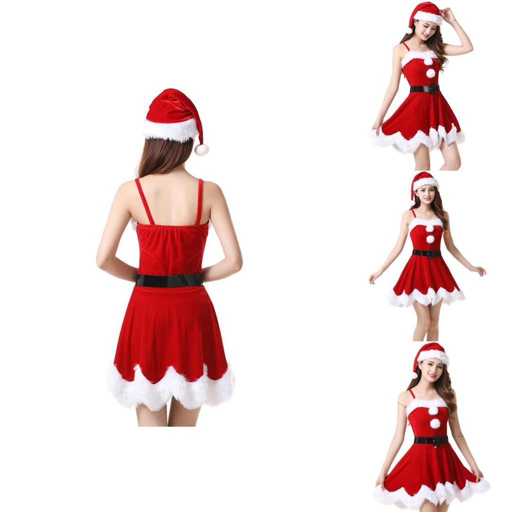 Red Velvet Women Christmas Costume With Soft Touch Santa Claus Dress And Hat