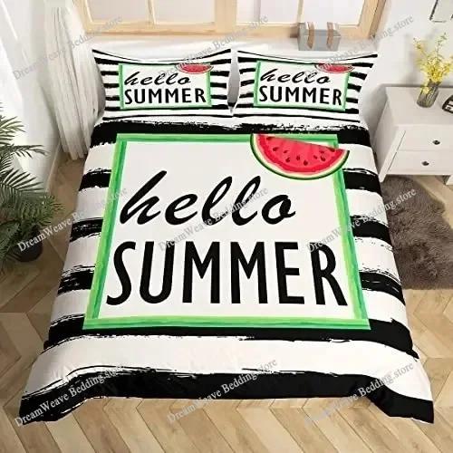 Hello Summer Duvet Cover Set Watercolor Watermelon Fruits Bedding Set Summer Holiday Theme Blue Rustic Cabin Comforter Cover