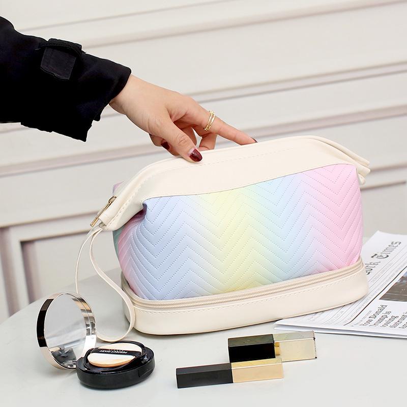 Gradient Color Pu Makeup Bag Skin Care Product Storage Bag Travel Large Capacity Double-layer Toiletry Bag Fashionable