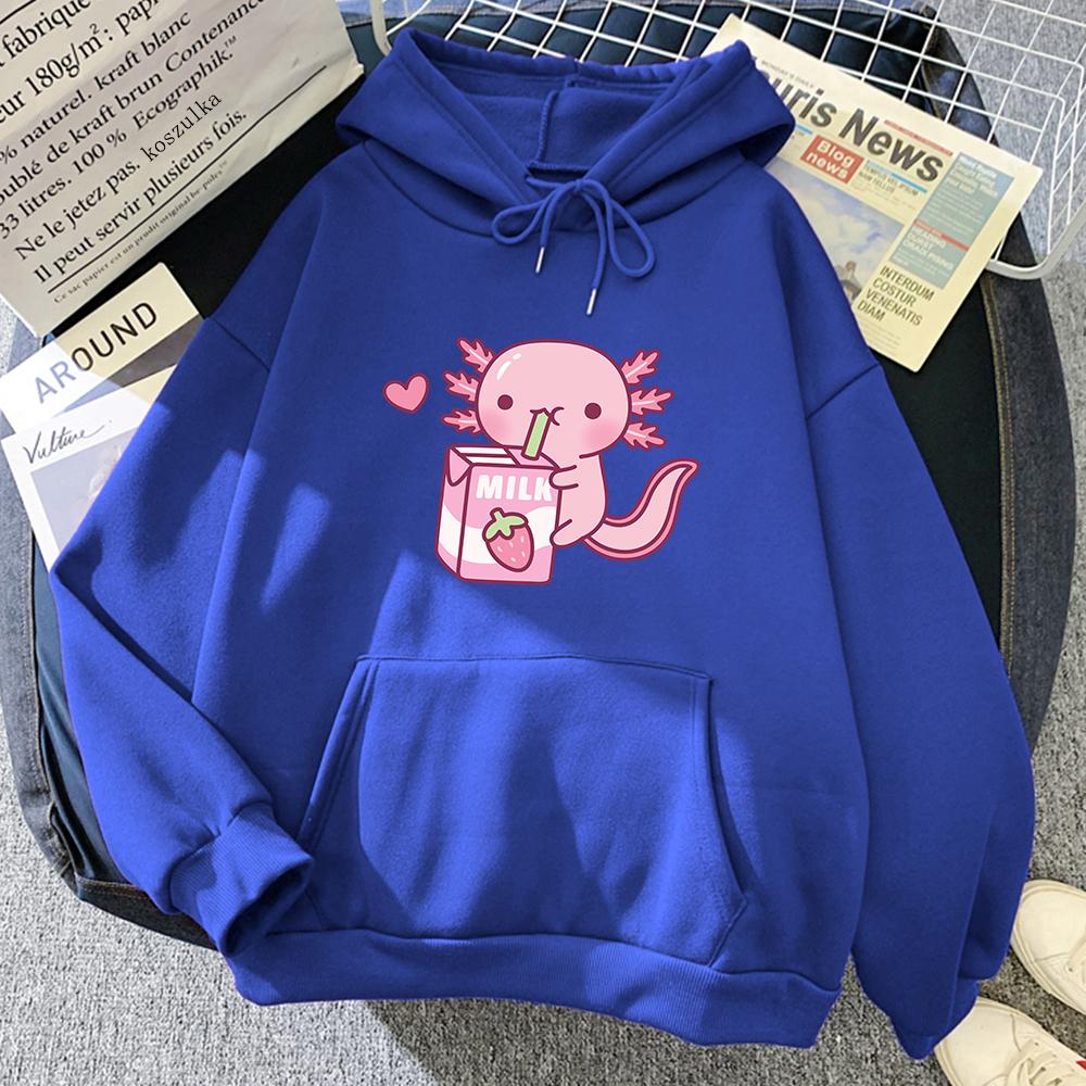 Anime Axolotl Loves Strawberry Milk Doodle Hoodie Kawaii Hoodies Winter Women Spring/Autumn Unisex Sweatshirt Harajuku Sudaderas