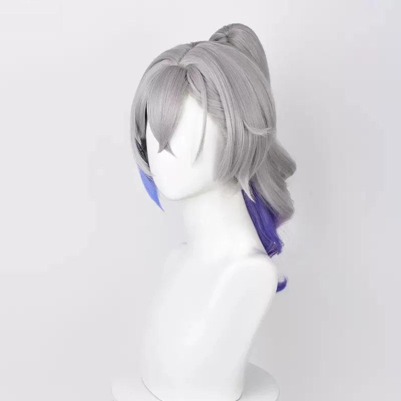 Peruka Cosplay Silver Wolf Honkai Star Rail Srebrnoszara Niebieska Fioletowa Gradient Odporna na Ciepło Włosy Syntetyczne Peruki do Gry Anime + Czepek na Perukę