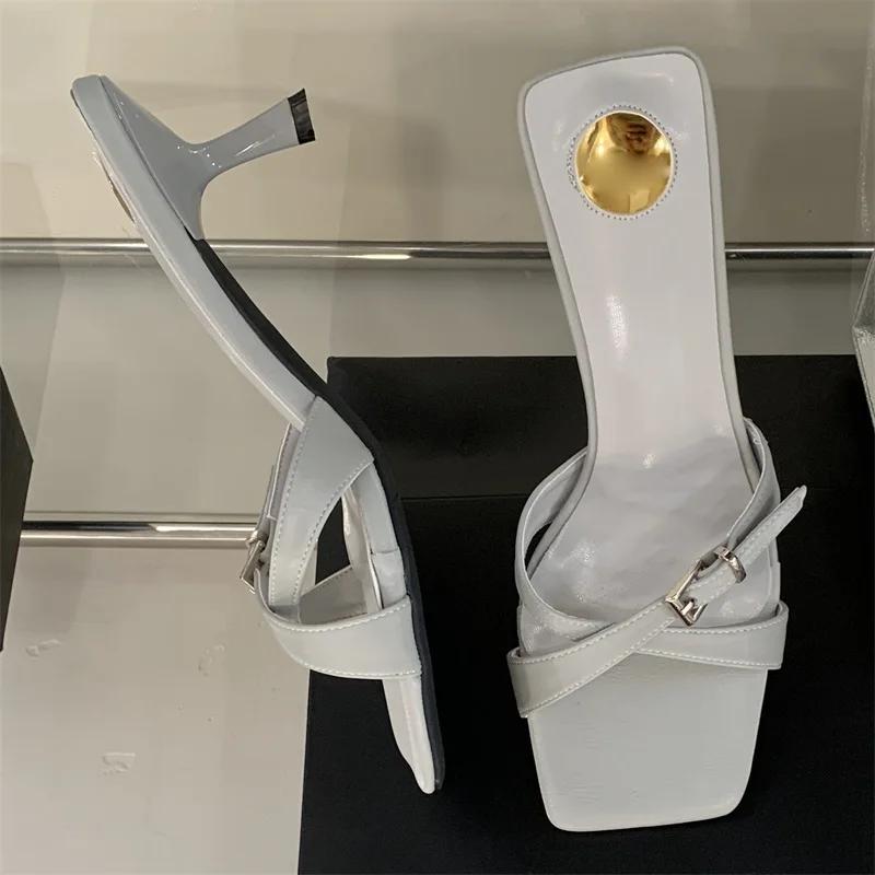 Eilyken Summer Narrow Band Low Heels Slippers Women Dress Buckle Strap Square Toe Party Beach Slide Shoes