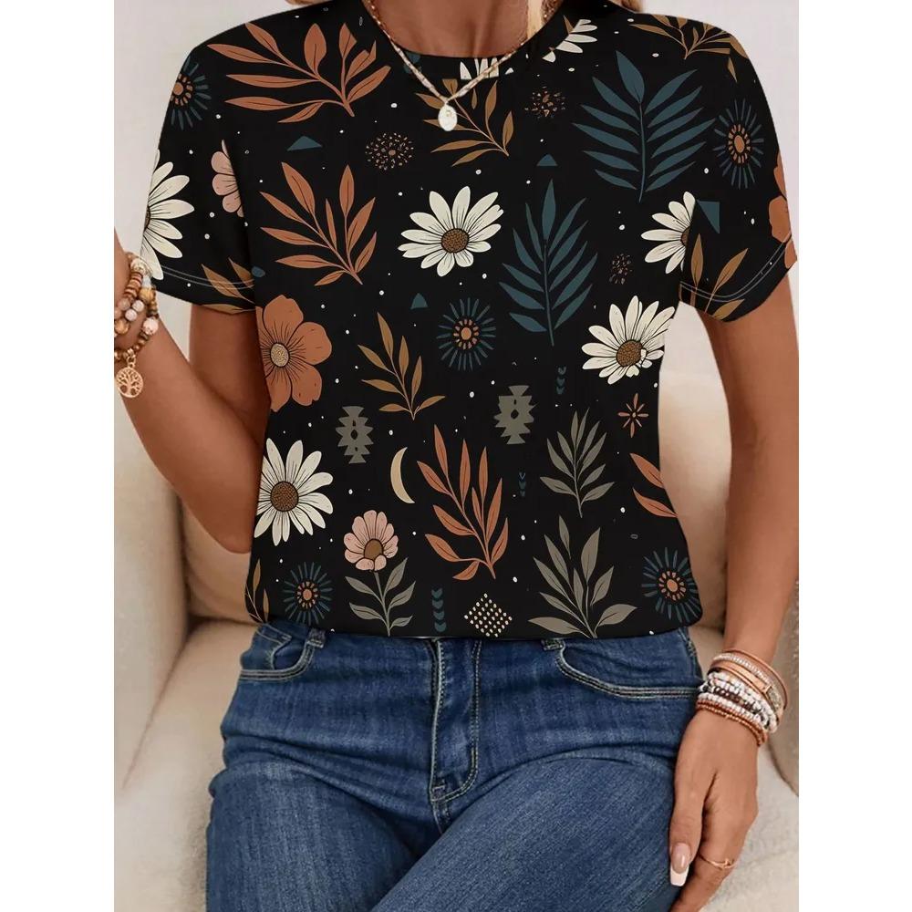 Creative Flower 3D Printed Short Sleeved T-shirt Fashionable Comfortable Soft Breathable Large Loose Womens T-shirt