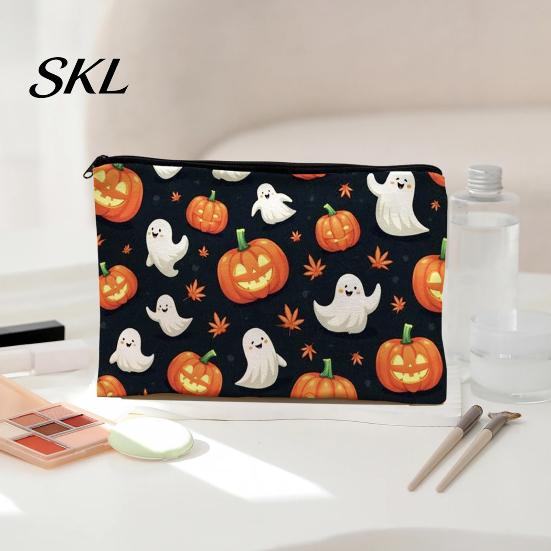 Spill-proof Zippered Travel Bag Halloween Storage Bag, with Pumpkin Ghost Print, Durable Canvas Castle Makeup Pouch Large Capacity Pouch, for