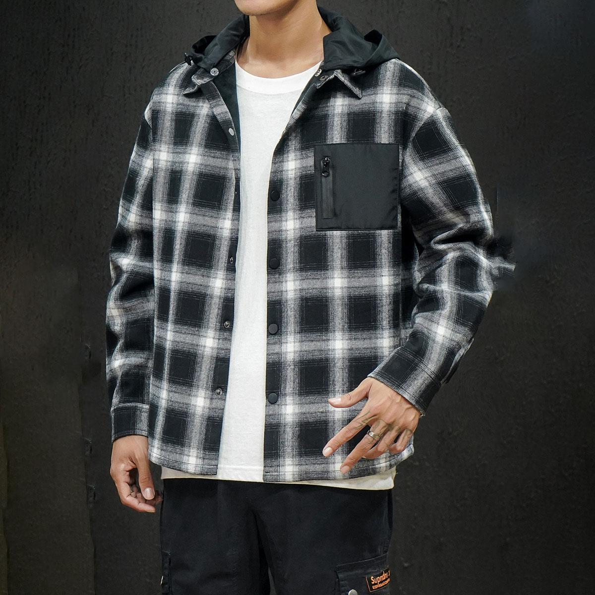 

Весенне-осенняя мужская повседневная рубашка в клетку с капюшоном большого размера S чёрный