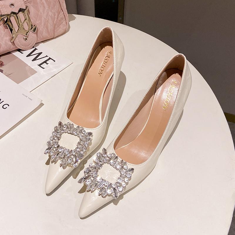 Women Shoes Fashion Rhinestone Square Buckle Bridesmaid Wedding Shoes Solid Flock Pointed Toe Stiletto Pumps French High Heels