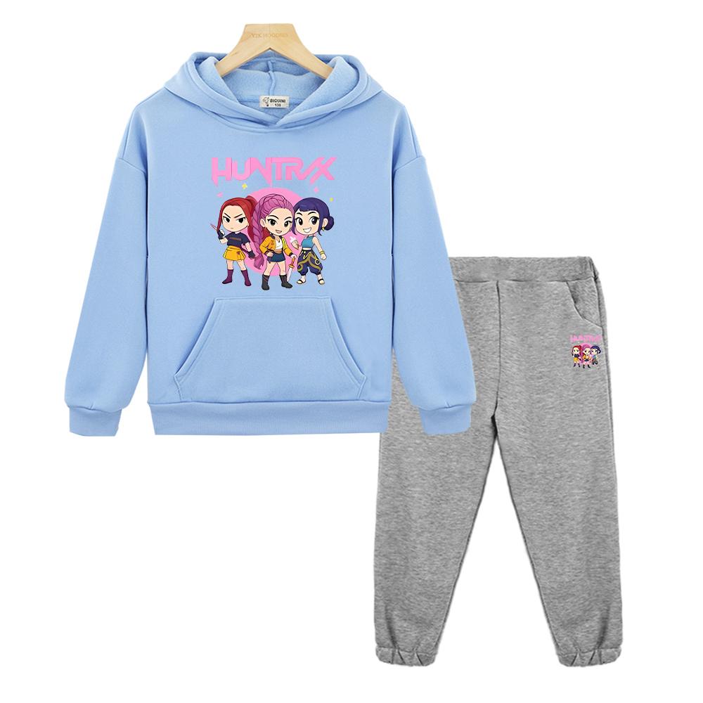 Kpop Demon Hunters Autumn Boy Girl Hooded Sets 2pcs Pullover+pant Anime Hoodie Fleece Sweatshirt Jacket Kids Boutique Clothes