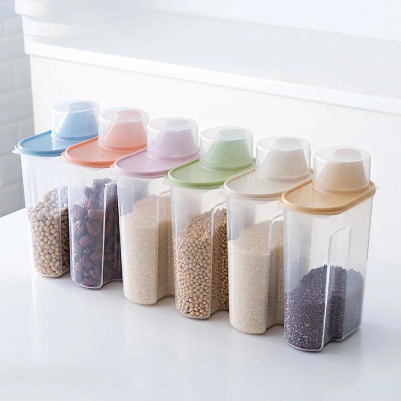 Plastic Clear Container Set with Pour Lids, Food Storage Box, Kitchen Storage Bottles, Grains Tank, 1.9L - 2.5L, Random Color