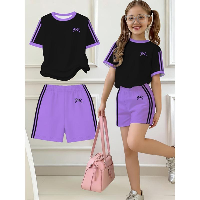 Kids Clothes Girls, 2pcs Set, Easy Bow Print Short Sleeve T-Shirt And Shorts Set, Suitable for Spring and Summer, Y2K Fashion