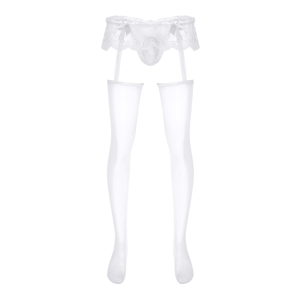 Pánské průsvitné krajkové kalhotky se sukýnkou, vykrojené, s vypouklou kapsou, G-string s lesklými podvazky