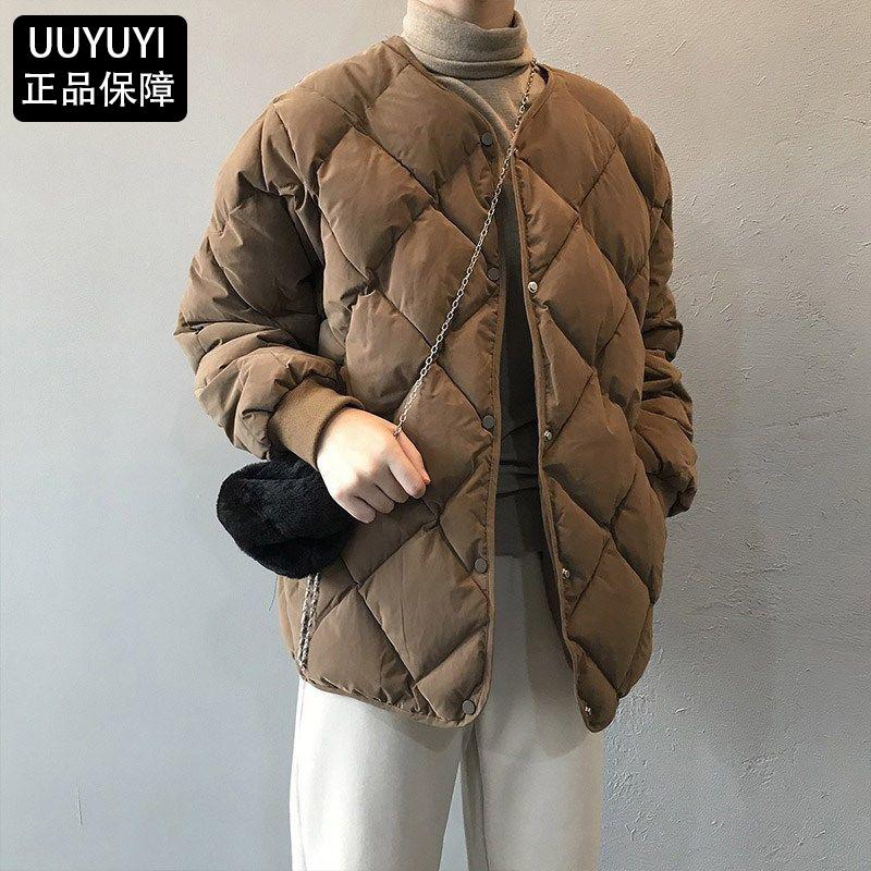 Pinghu down jacket women's short winter warm loose rhombus plaid round neck small white duck down jacket
