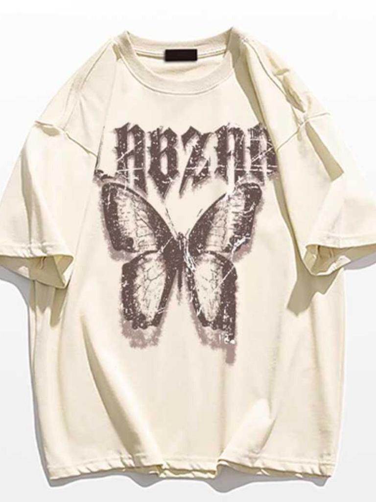 Women's Plus Size Butterfly Print Cotton T-Shirt, Short Sleeve, Slimming & Loose Fit, Versatile for Couples