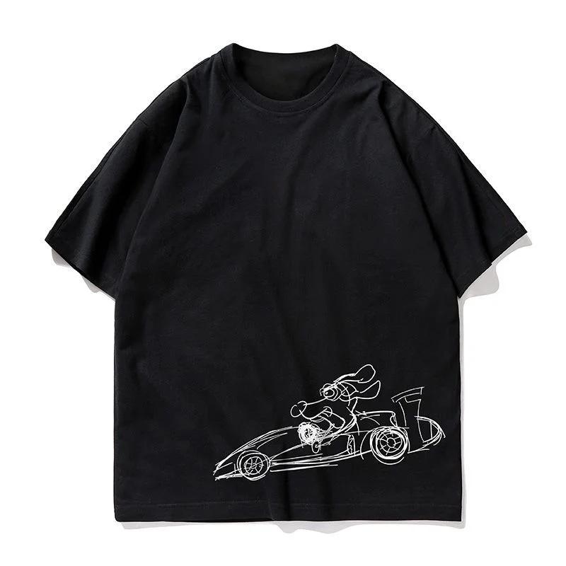 Summer American Retro Short-sleeved O-neck Motorcycle Printed T-shirt Men's Fashion Simple 100% Cotton Washed Casual Sport Tops