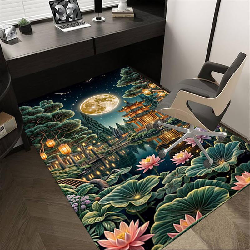 1PC Moonlit Temple Lotus Pond Non-Slip Floor Carpet Compatible for OfficeLiving RoomBedroomDining room - Flat - Weave Machine-S0333 60cm by 90cm