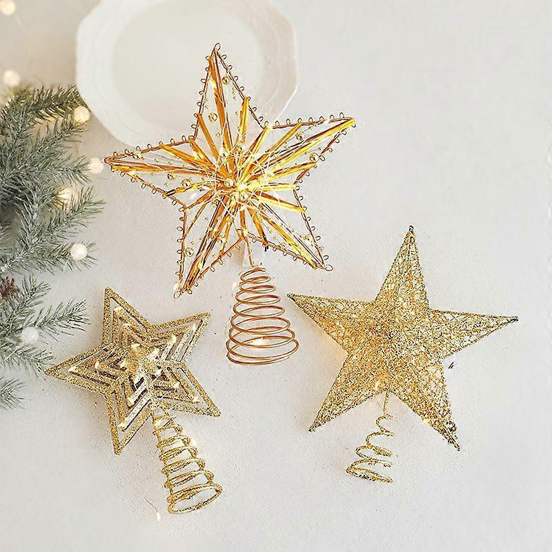 H-style golden Christmas new Christmas tree iron art sticky powder tree top star accessories golden three-dimensional hollow five-pointed star