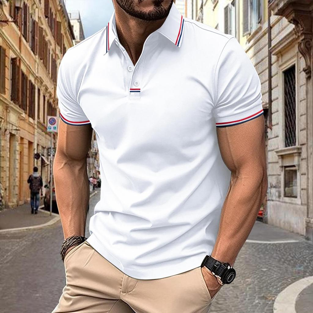 New Men's Casual POLO Shirt Lapel Collage Pull Stripes Button Business Solid Colour T-shirt Tops