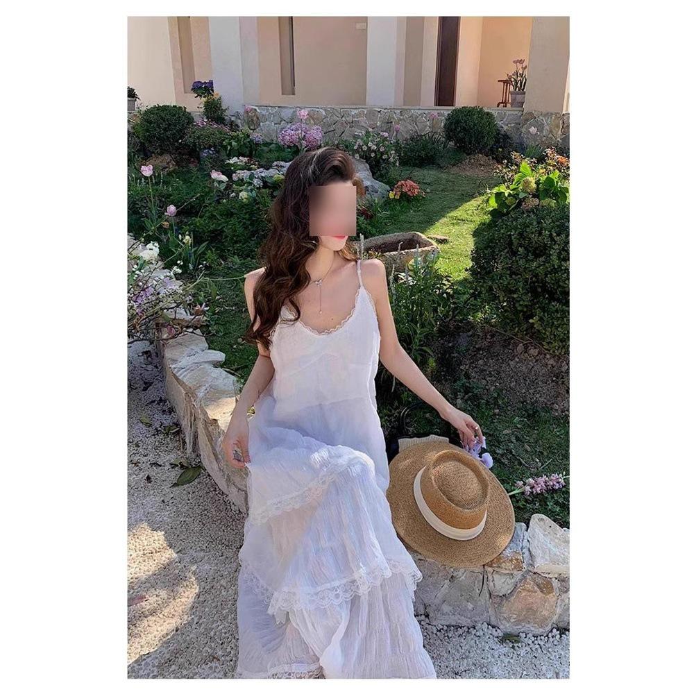 

Элегантное летнее платье с V-образным вырезом и на бретелях-спагетти французского белого цвета для женщин XL (55-60 kg)