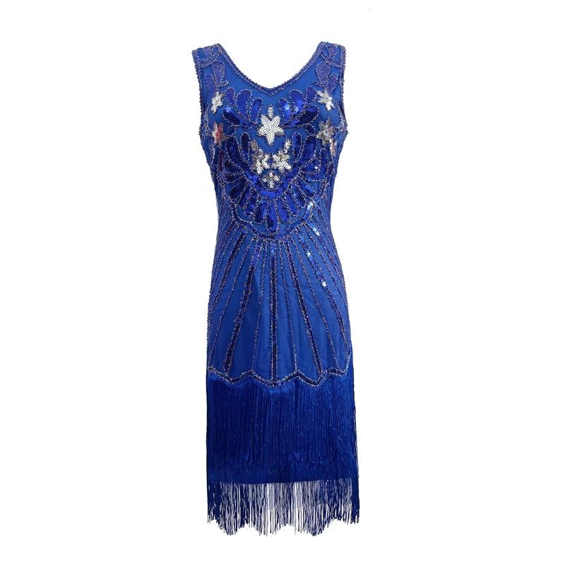 Vintage V-neck sequined fringed dress, evening dress, Gatsby dinner dress, stage performance dress.