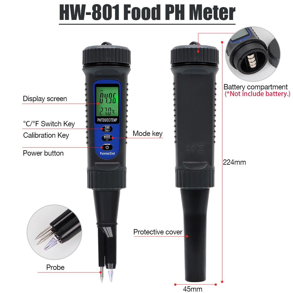 

Handheld Food PH Meter LCD Digital Meat Dough Fruit Cheese Soil Acidimeter 4 in 1 PH TDS EC Temp Pointed End Food Tester 0.1