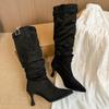 Korean Retro Suede Pointed Toe High Heel Pleated Pile Boots Women's 2025 New Buckle Skinny Heel High Boots
