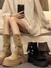 British Women's  New Spring and Autumn Single Boots Retro Two In One Mid Length Boots Thick Soled Black Short Boots