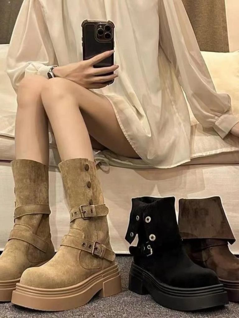 British Women's  New Spring and Autumn Single Boots Retro Two In One Mid Length Boots Thick Soled Black Short Boots