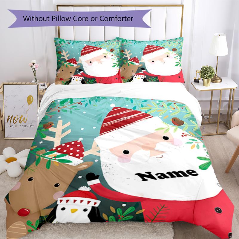 3pcs Custom Name Christmas Santa Claus Bedding Set Duvet Cover Closure Includes 1 Duvet Cover & 2 Pillowcases, Soft and Comfortable for All Seasons.
