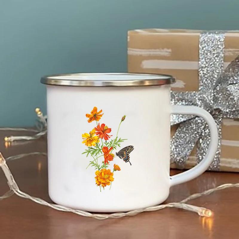 No Rain No Flower Print Enamel Mugs Creative Vintage Coffee Wine Cup Drinks Dessert Milk Cup Camping Mugs Handle Drinkware Gifts