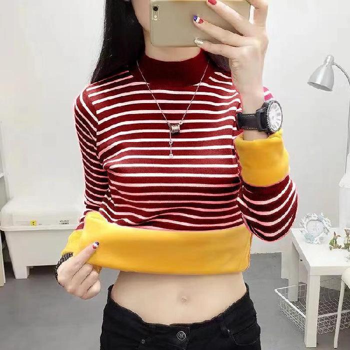 Autumn and Winter Korean Style Striped Warm Velvet Thickened Bottoming Shirt Top with Large Size Women's Slimming T-shirt