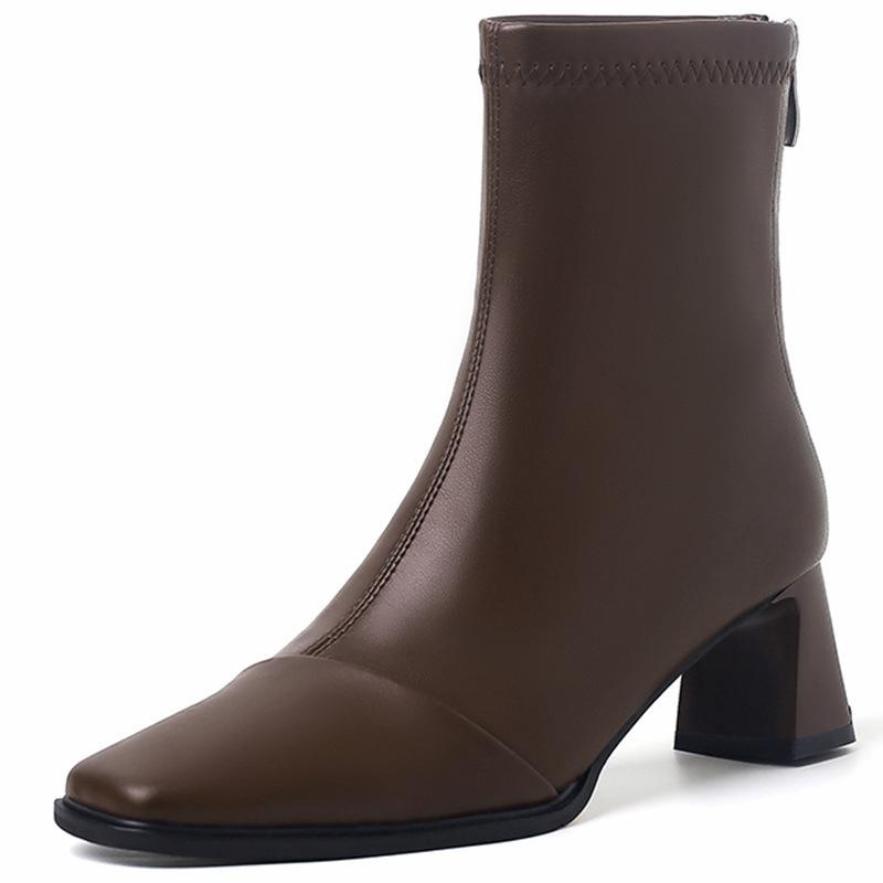 Giant Skinny~ Square Head Back Zipper Skinny Boots Women's 2024 Commuter Thick Heel Short Boots