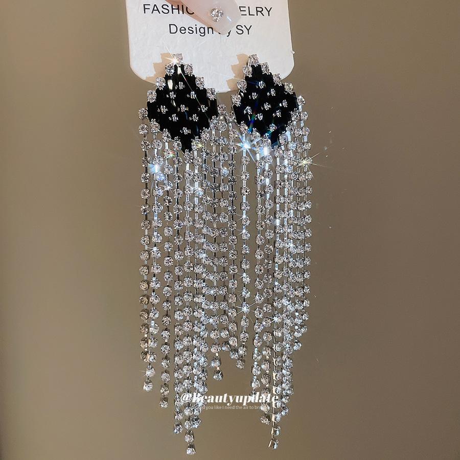 Silver Needle Rhinestone Geometric Tassel Earrings - Elegant High-End Ear Studs