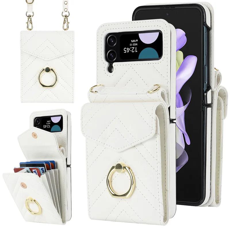 Lanyard Leather Wallet Card Phone Case for Samsung Galaxy Z Flip 7 6 5 4 3 Flip6 Flip5 Flip4 Flip3 Crossbody Ring Holder Cover