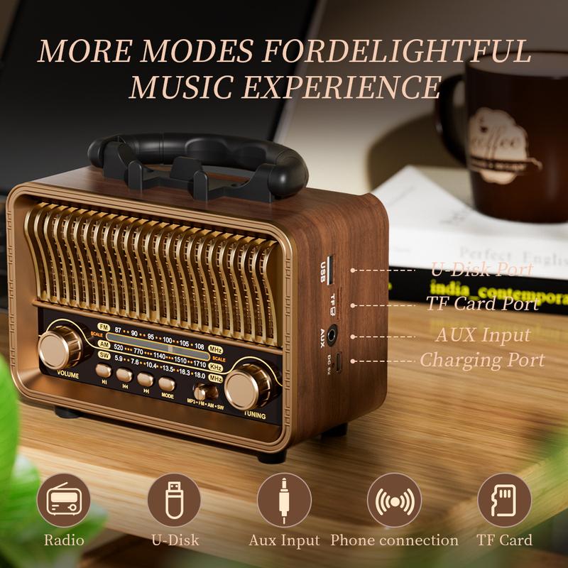 Retro Wireless Radio Portable AM/FM/SW with USB Rechargeable Battery With antenna, AUX and TF card playback, suitable for home