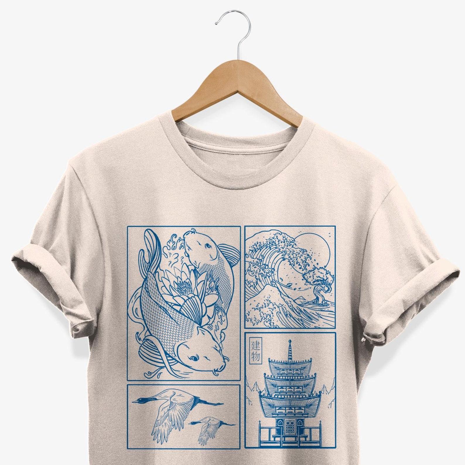 Vintage Japanese Graphic T-Shirt: Koi, Wave, Pagoda Line Art 4XL