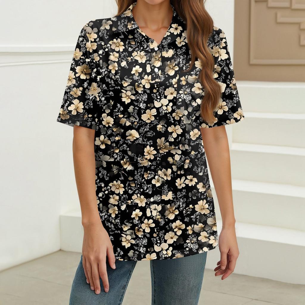 Women's Fashion Casual Button Pocket Shirt Short Sleeve Print Lapel Top