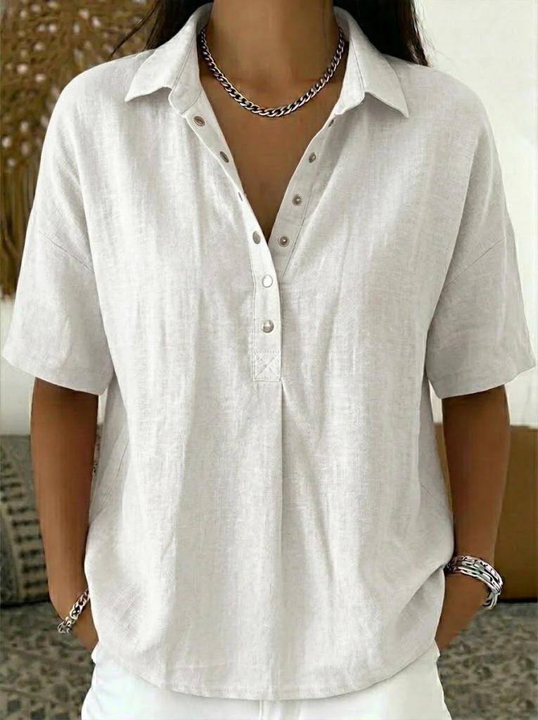 Women's Linen Blend Shirt Casual Short Sleeve Button-Down Loose Fit Blouse Tops