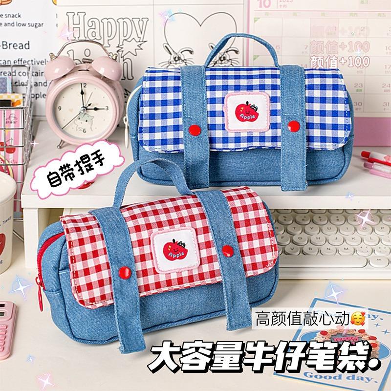 Cute Apple Design Denim Canvas Large Capacity Pencil Case For Student Stationery