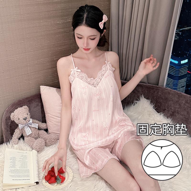 Summer New Extra Soft Silk Cool and Delicate Cute Print Sexy with Chest Pad Suspender Pajama Set Loungewear Women