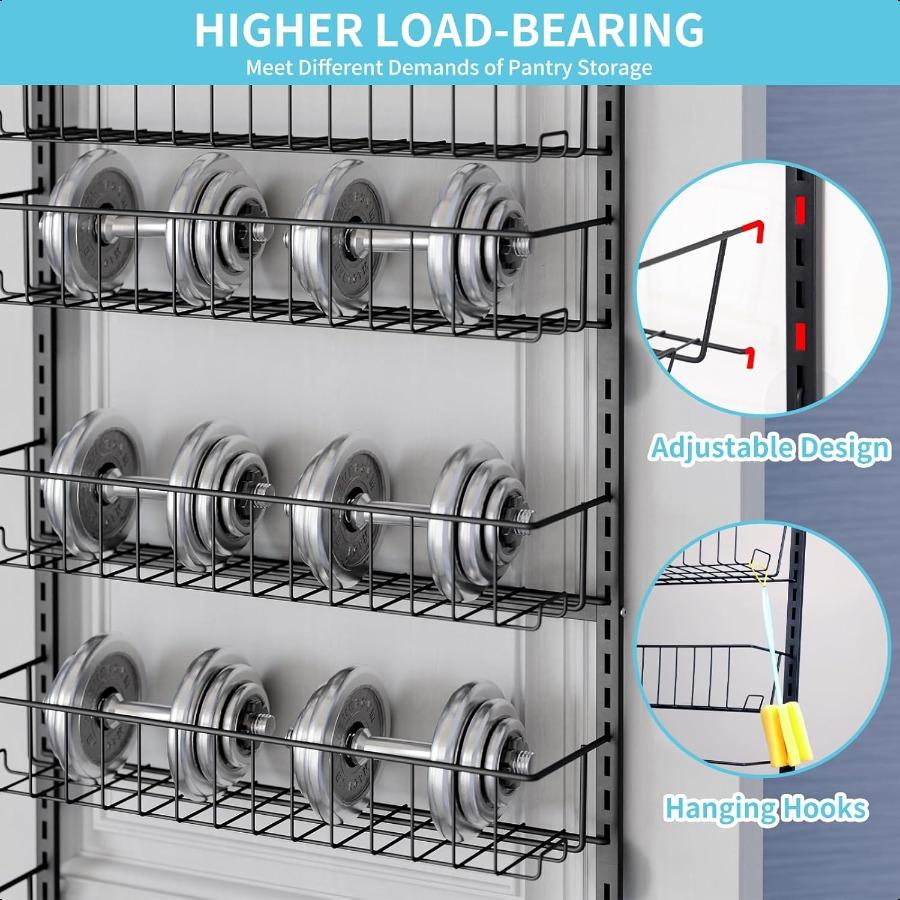 6Tier Over the Door Pantry Organizer Metal Hanging Spice Rack Storage Shelves with Adjustable Baskets for Kitchen Black
