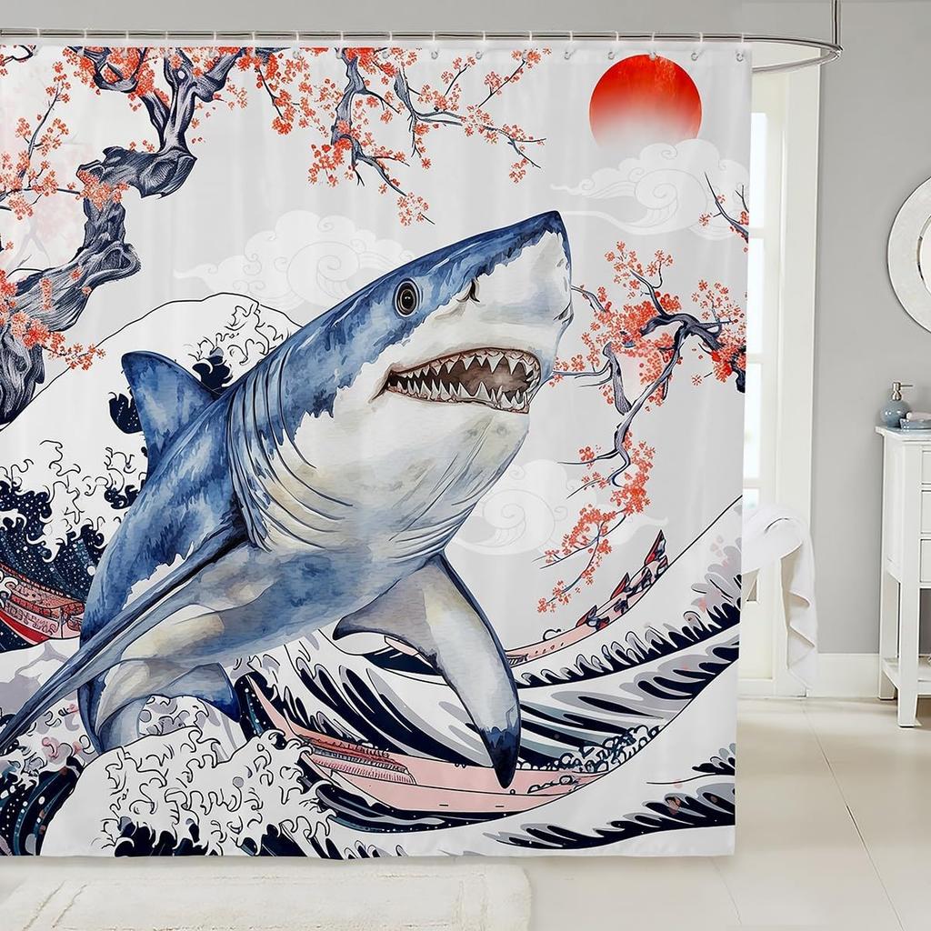 Cartoon Lion Shower Curtain for Kids Boys Girls Japanese Style Waterproof Bathroom Curtain, Vintage Ukiyoe Bath Curtain Ocean